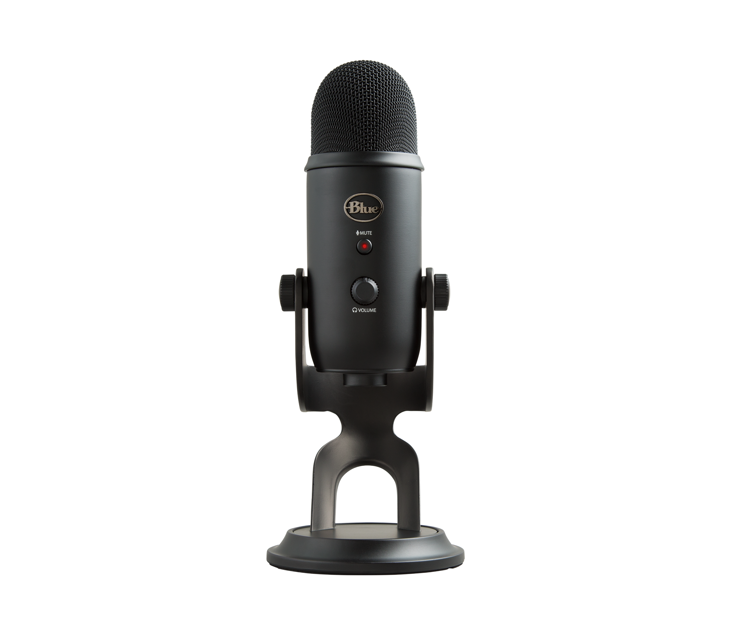 Logitech Blue Yeti Blackout multi-pattern USB microphone on desktop stand, front view