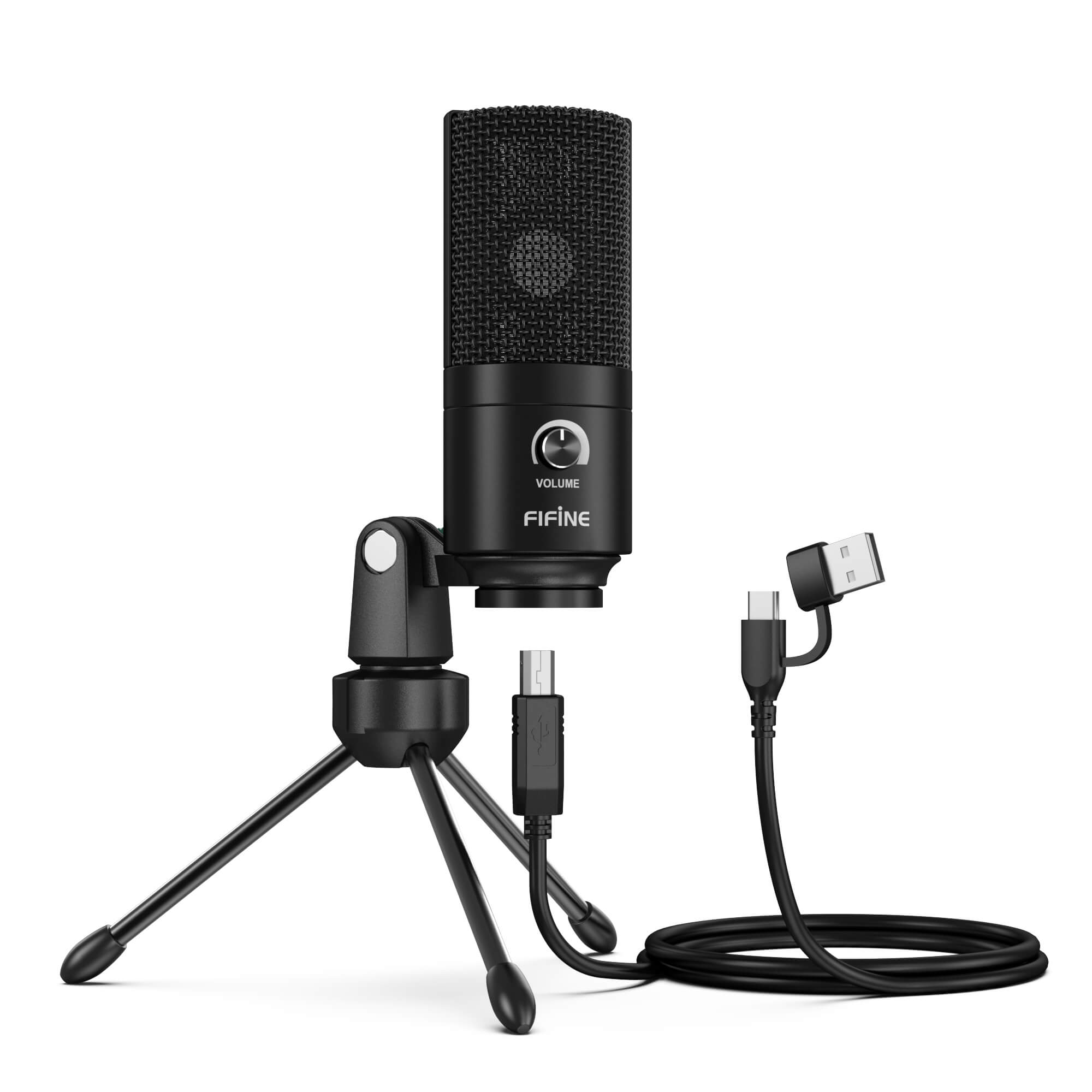 FIFINE K669B black USB condenser microphone on mini tripod stand with USB-C/USB-A cable