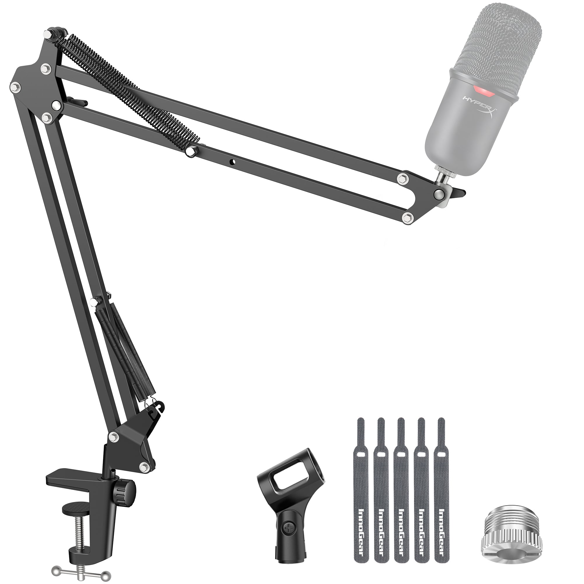 InnoGear MU01 black desk boom arm microphone stand with clamp, mic clip, cable ties, and adapter