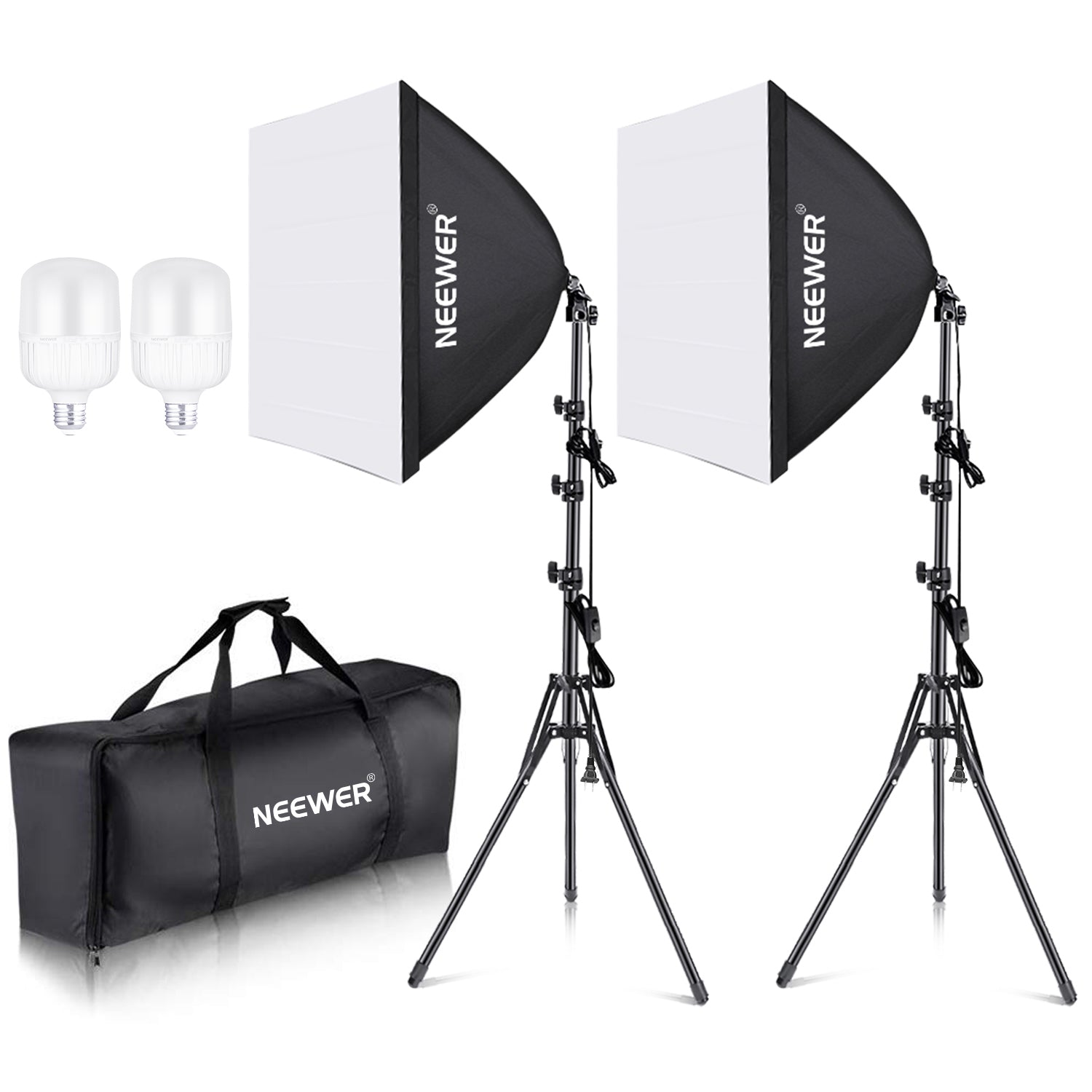 Neewer NK200 2-pack 24x24 softbox continuous lighting kit with stands, LED bulbs, and carrying bag